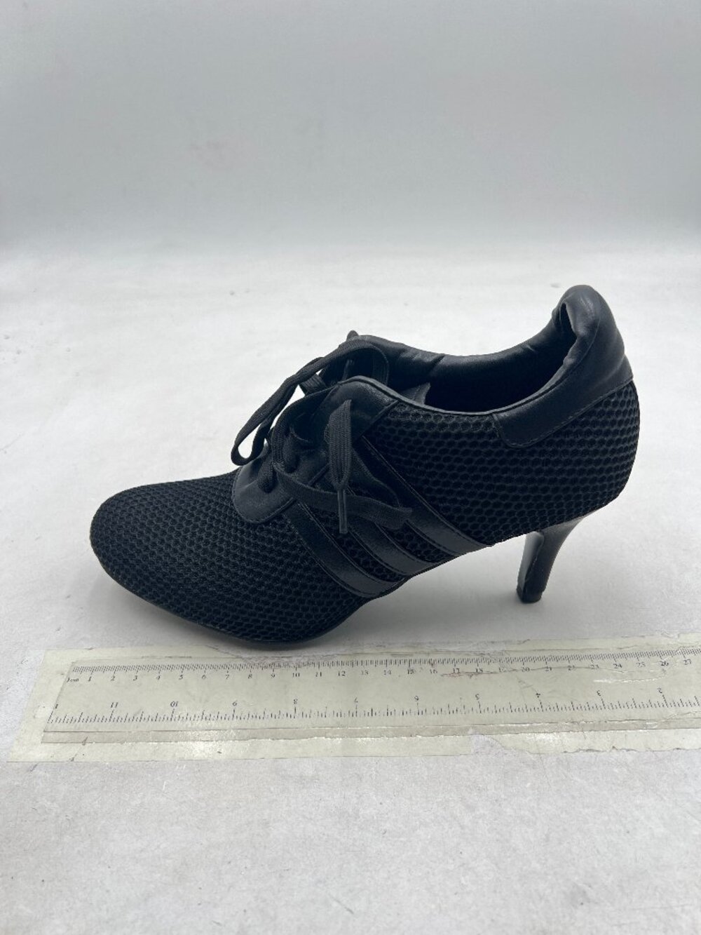 Black Women Lace Up Mesh Pumps Round Toe Sneaker Heels Sporty Breathable Shoes